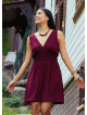 V Neck Belted Waist Burgundy Casual Dress 5014