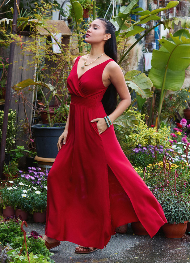 V Neck Red Long Dress with Slit from the Shoulder 4976