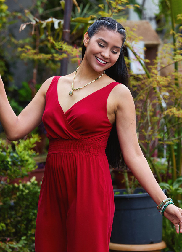 V Neck Red Long Dress with Slit from the Shoulder 4976