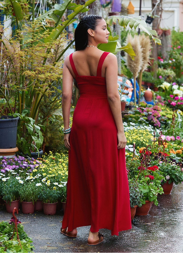 V Neck Red Long Dress with Slit from the Shoulder 4976