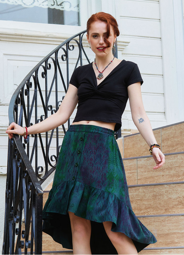 p Black Bohemian Blouse with a Cross Front Neckline and Short Sleeves 4980