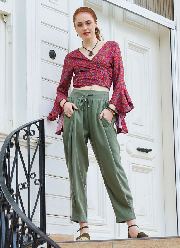 Womens Authentic Khaki Harem Pants with Drawstring Waist and Pockets 5009