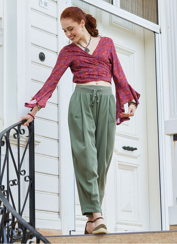 Womens Authentic Khaki Harem Pants with Drawstring Waist and Pockets 5009