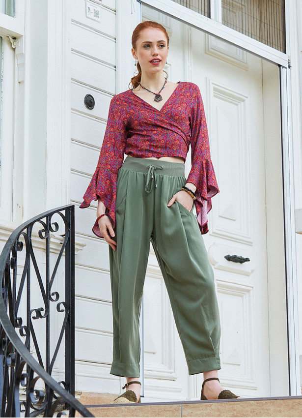 Womens Authentic Khaki Harem Pants with Drawstring Waist and Pockets 5009