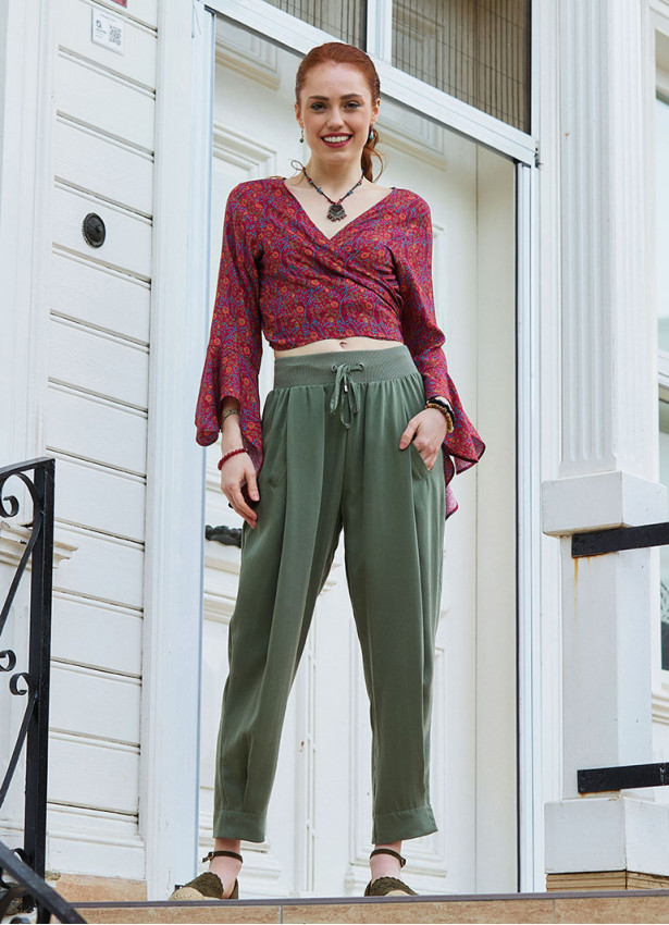 Womens Authentic Khaki Harem Pants with Drawstring Waist and Pockets 5009