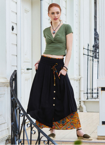 Double Layer Mustard Floral Skirt with Pockets and Button Details 5030