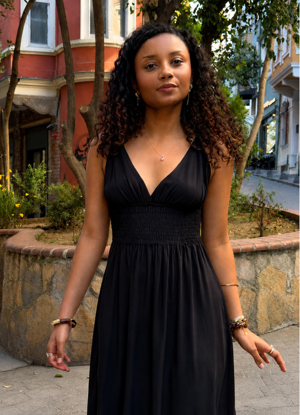 Thin Strapped Backless Black Bohemian Dress 5020