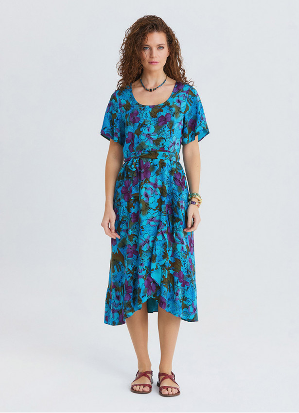 U Neck Double Breasted Ruffled Blue Floral Dress 4949