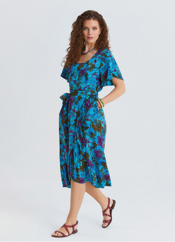 U Neck Double Breasted Ruffled Blue Floral Dress 4949