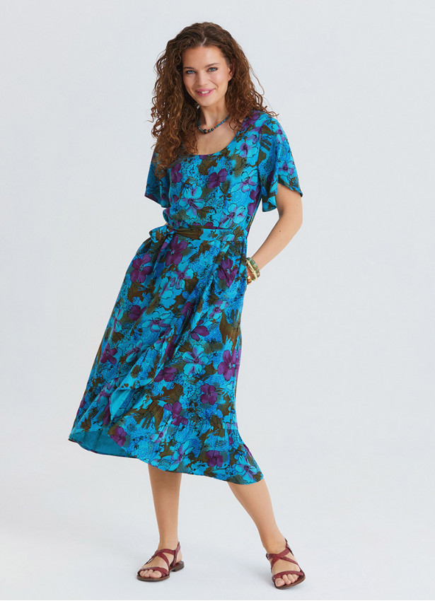 U Neck Double Breasted Ruffled Blue Floral Dress 4949