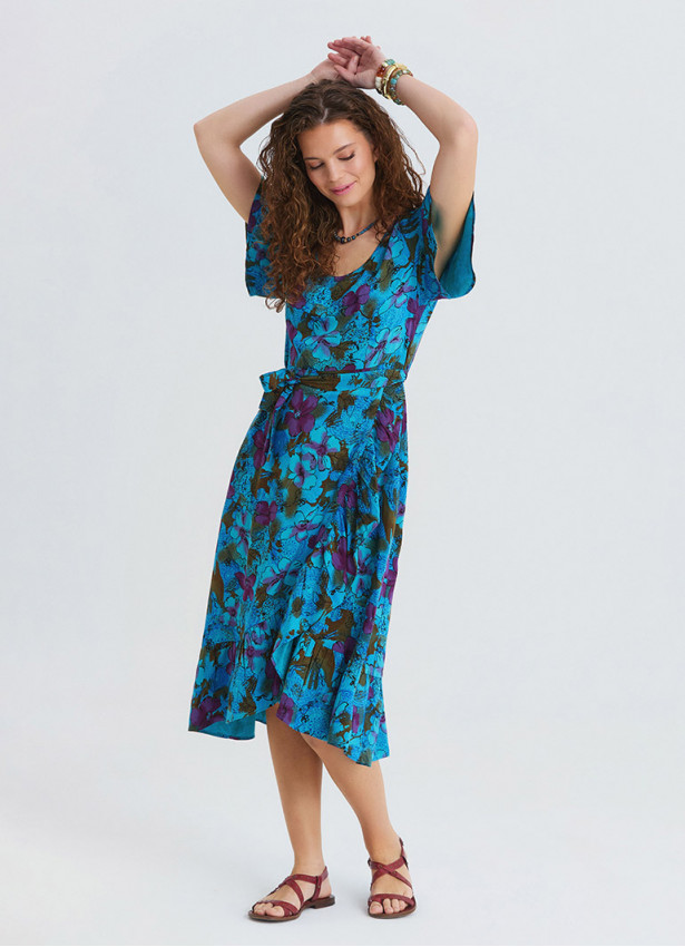 U Neck Double Breasted Ruffled Blue Floral Dress 4949