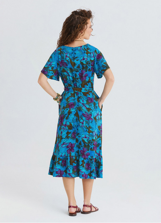 U Neck Double Breasted Ruffled Blue Floral Dress 4949