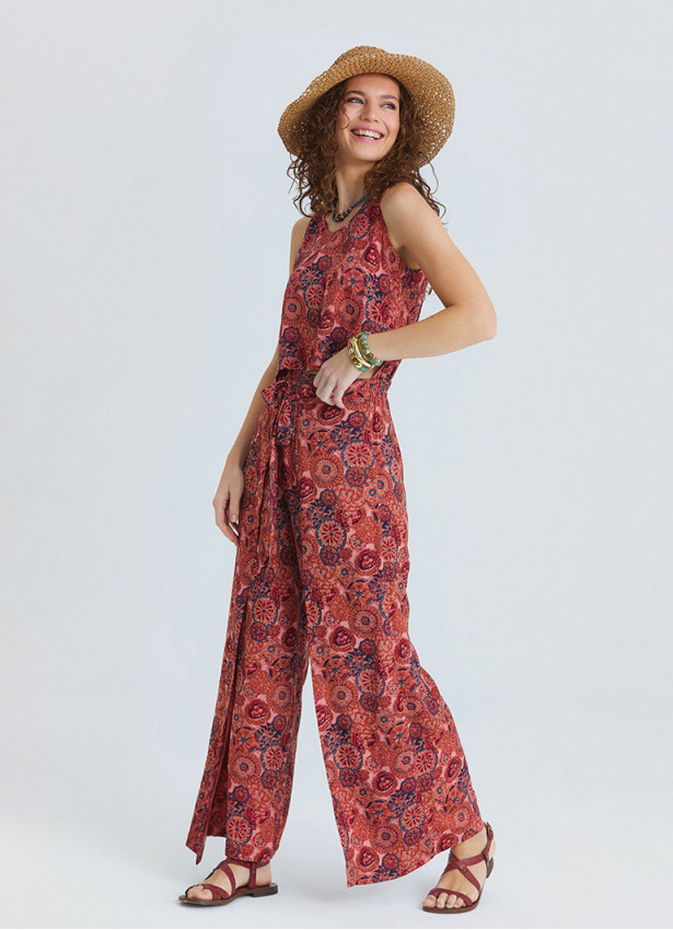 Boat Neck Backless Reyna Patterned Women's Authentic Jumpsuit 4876
