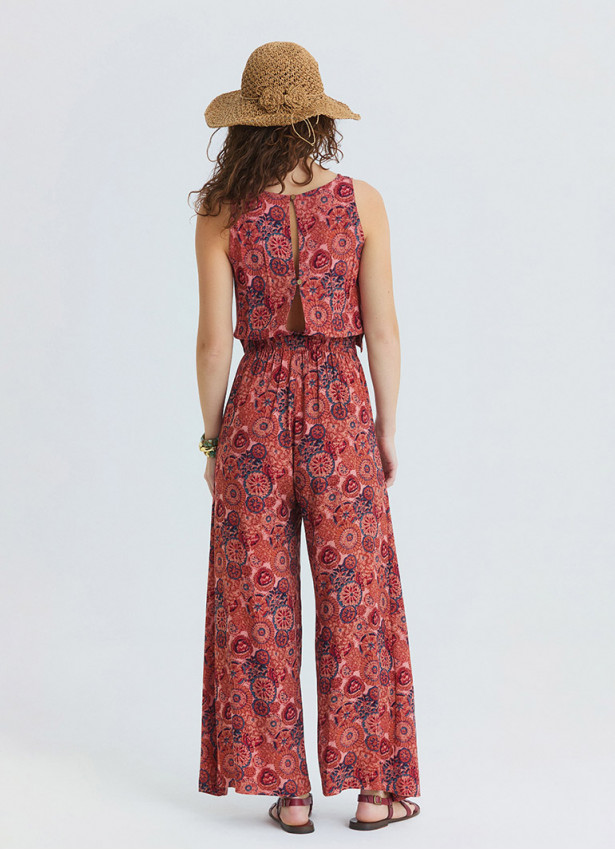 Boat Neck Backless Reyna Patterned Women's Authentic Jumpsuit 4876