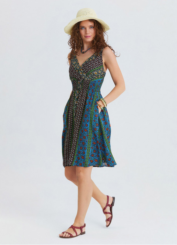 V Neck Strapless Elasticated Waist Floral Dress 4830