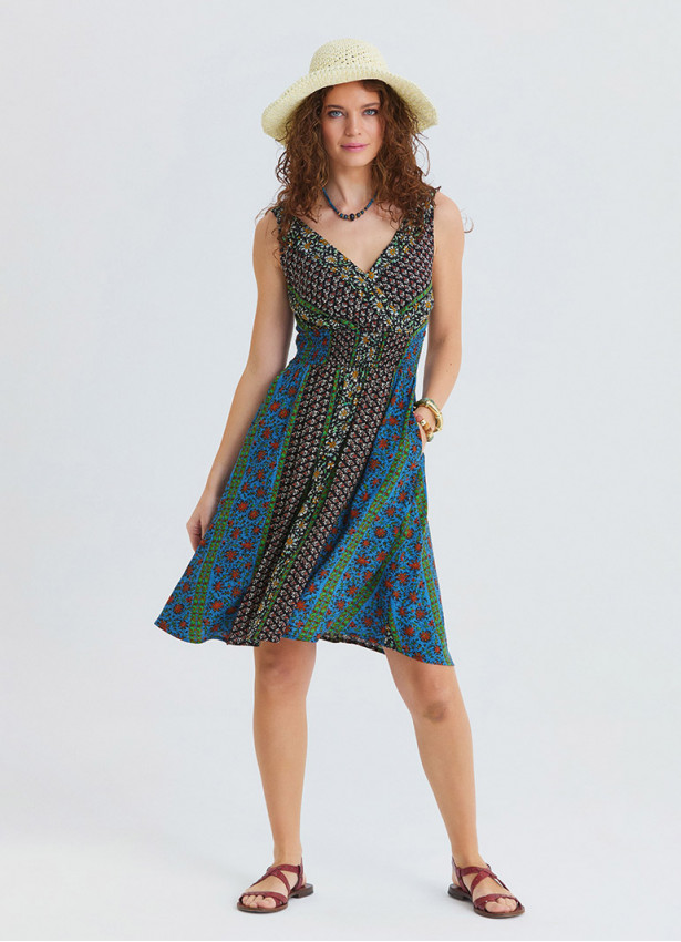 V Neck Strapless Elasticated Waist Floral Dress 4830