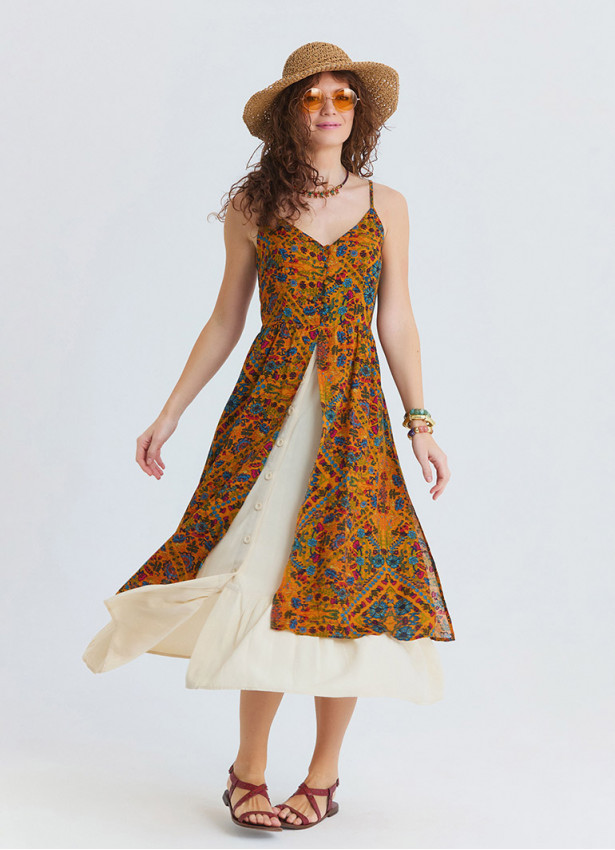 Thin Strapped Double Layered Buttoned Mustard Flower Dress 4908