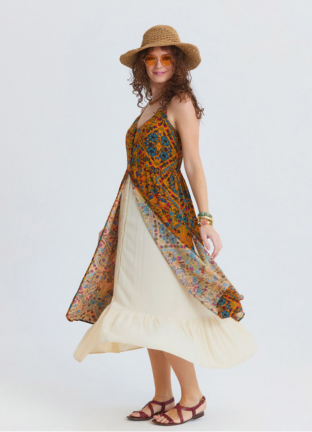 Thin Strapped Double Layered Buttoned Mustard Flower Dress 4908