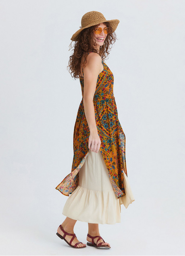 Thin Strapped Double Layered Buttoned Mustard Flower Dress 4908