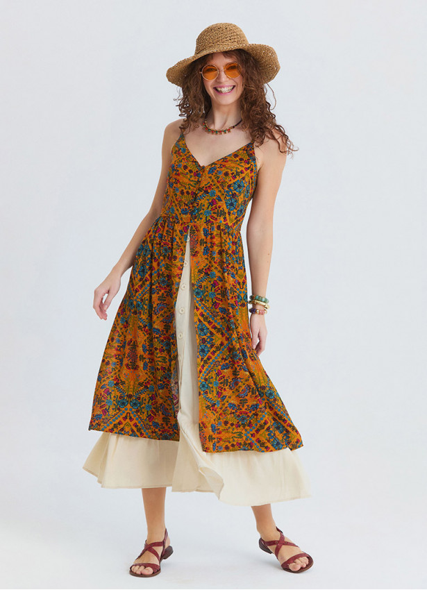 Thin Strapped Double Layered Buttoned Mustard Flower Dress 4908