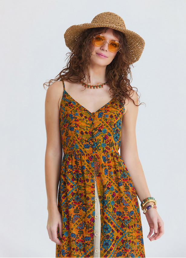 Thin Strapped Double Layered Buttoned Mustard Flower Dress 4908