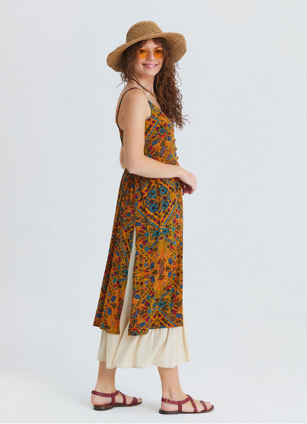 Thin Strapped Double Layered Buttoned Mustard Flower Dress 4908