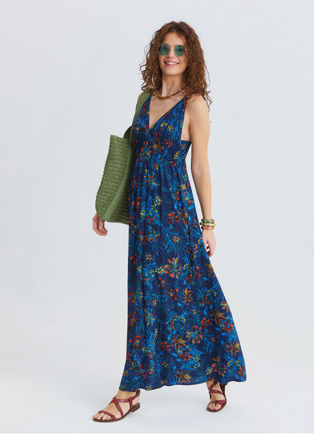 V Neck Gipe Detailed Indigo Floral Dress 4820