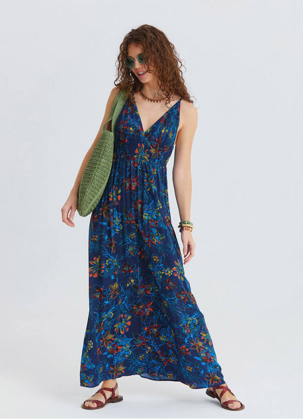 V Neck Gipe Detailed Indigo Floral Dress 4820