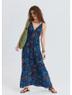 V Neck Gipe Detailed Indigo Floral Dress 4820
