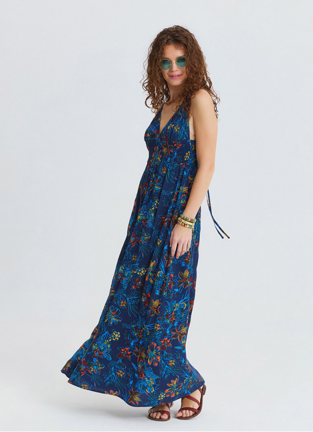 V Neck Gipe Detailed Indigo Floral Dress 4820