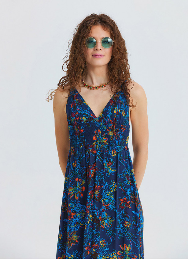 V Neck Gipe Detailed Indigo Floral Dress 4820