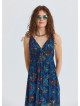 V Neck Gipe Detailed Indigo Floral Dress 4820