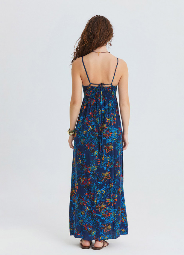 V Neck Gipe Detailed Indigo Floral Dress 4820