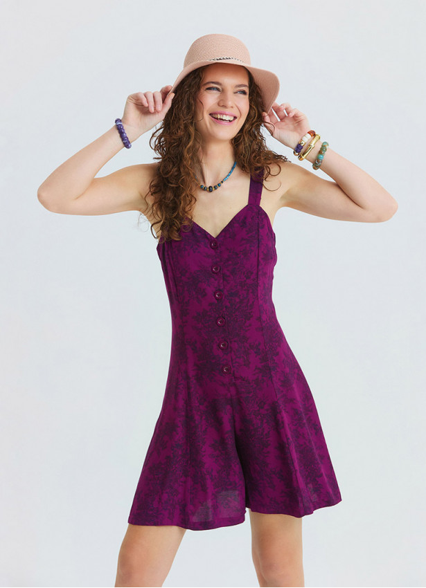 Short Wine Coloured Women's Ethnic Jumpsuit with Thin Straps and Button Details 4877