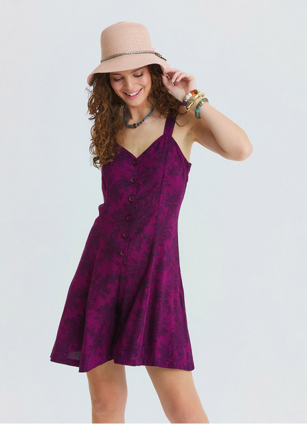 Short Wine Coloured Women's Ethnic Jumpsuit with Thin Straps and Button Details 4877