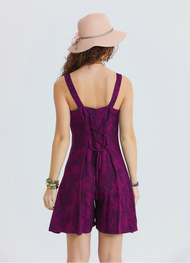 Short Wine Coloured Women's Ethnic Jumpsuit with Thin Straps and Button Details 4877