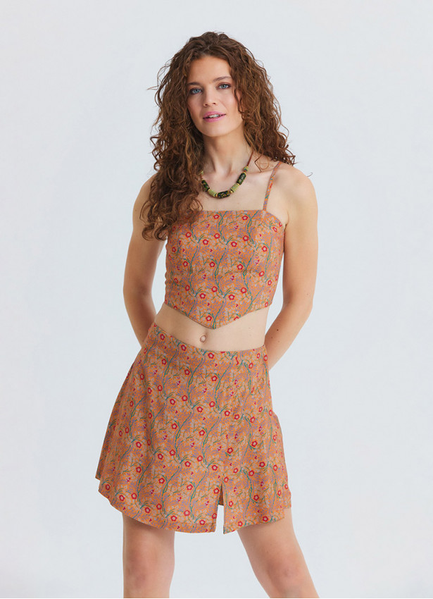 Adjustable Strap Blouse with Elastic Back and Orange Floral Print 4938