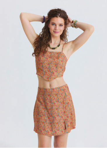 Adjustable Strap Blouse with Elastic Back and Orange Floral Print 4938