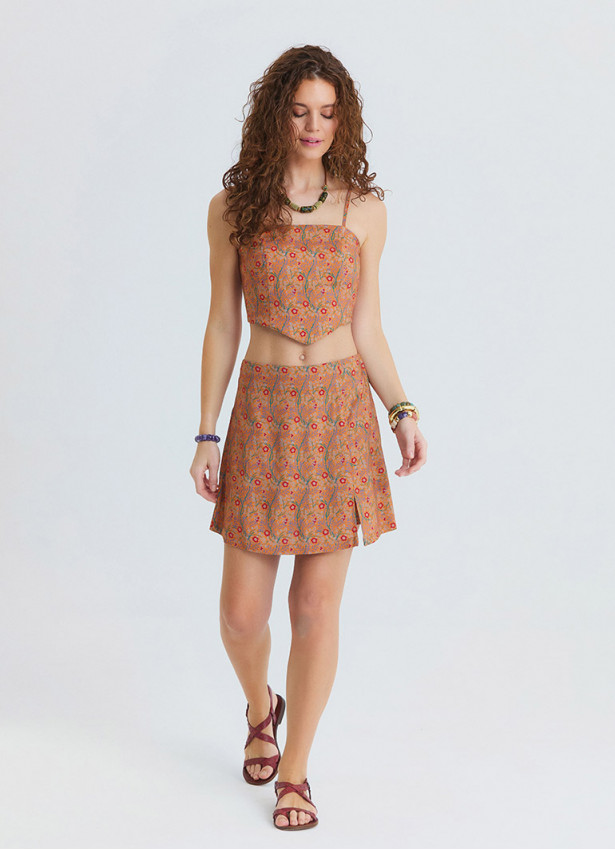 Cross Front Side Zip Orange Floral Shorts Skirt 4943