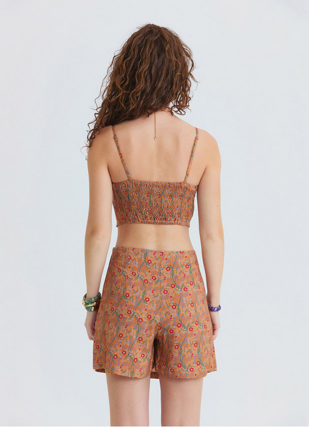 Adjustable Strap Blouse with Elastic Back and Orange Floral Print 4938