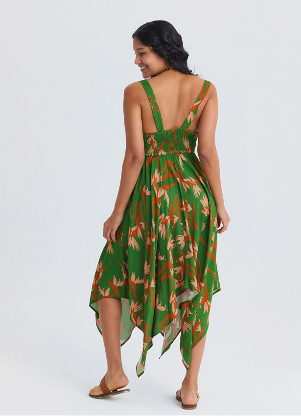 V Neck Asymmetrical Cut Bahia Pattern Bohemian Dress 4818