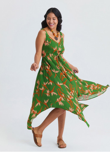 V Neck Asymmetrical Cut Bahia Pattern Bohemian Dress 4818