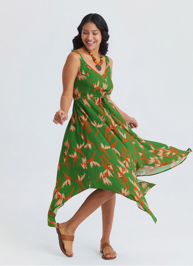 V Neck Asymmetrical Cut Bahia Pattern Bohemian Dress 4818