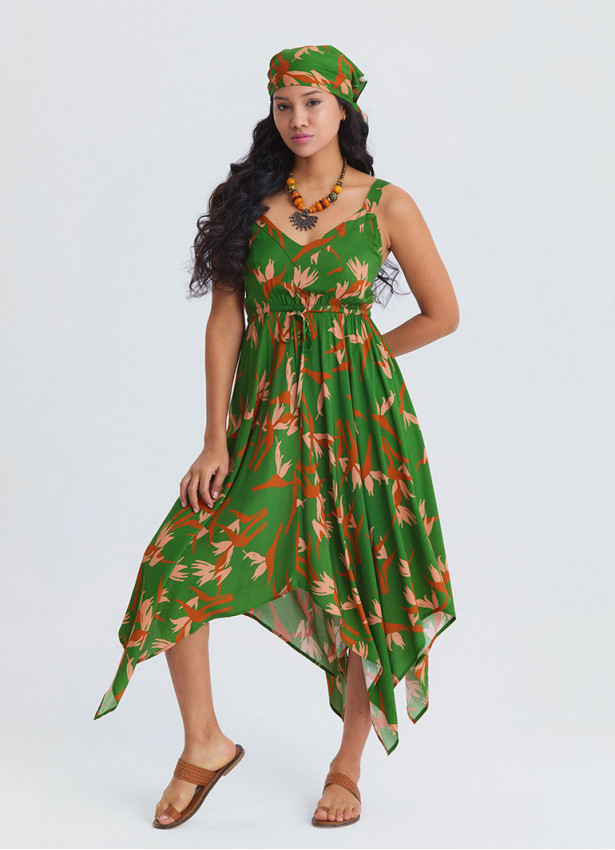 V Neck Asymmetrical Cut Bahia Pattern Bohemian Dress 4818