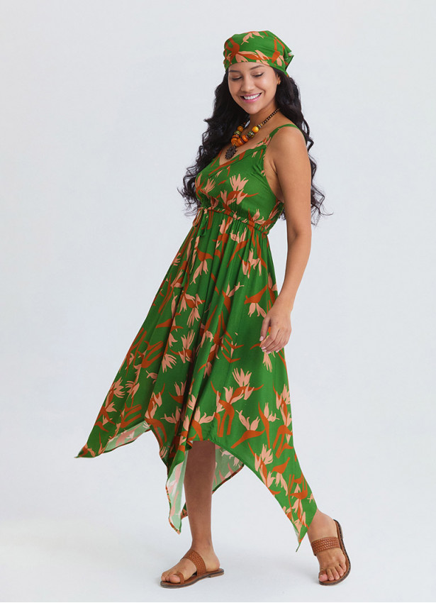 V Neck Asymmetrical Cut Bahia Pattern Bohemian Dress 4818