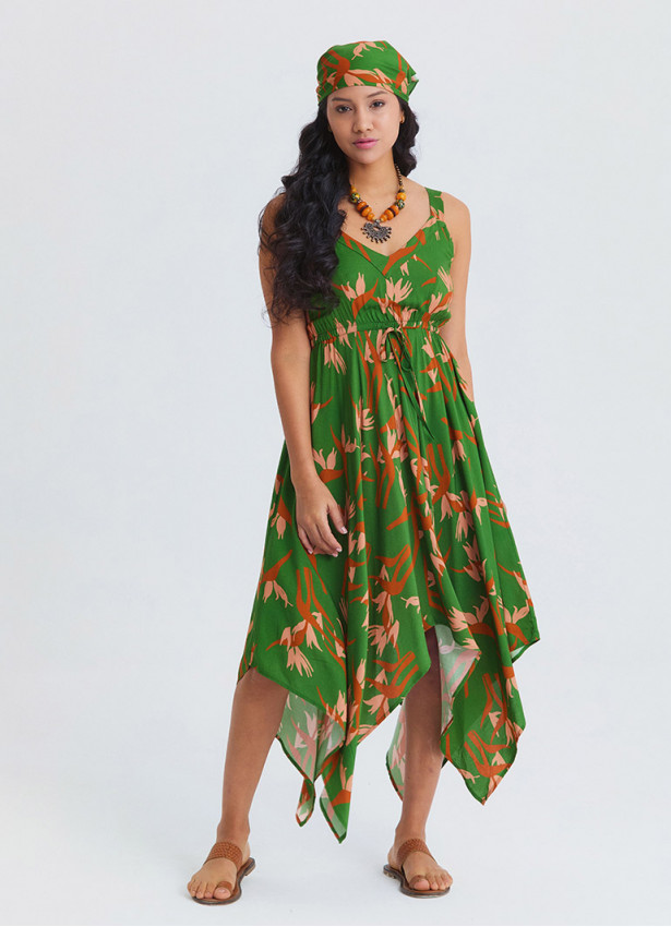 V Neck Asymmetrical Cut Bahia Pattern Bohemian Dress 4818