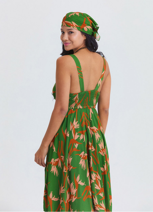 V Neck Asymmetrical Cut Bahia Pattern Bohemian Dress 4818