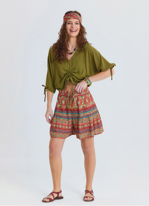 Women's Orange Ethnic Pants with Elastic Waistband and Fringes 4997