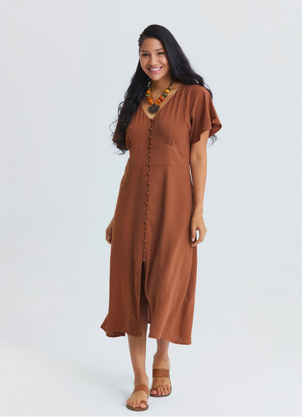 Full Length Buttoned Batwing Sleeve Coffee-Coloured Everyday Dress 4801