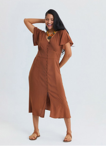 Full Length Buttoned Batwing Sleeve Coffee-Coloured Everyday Dress 4801